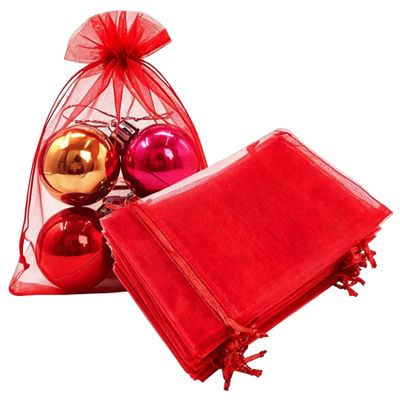 Rvscxam 50 Count Gift Organza Bags with Drawstring 5x7 inch Red for Baby Shower,Christmas,Wedding,Party Favors,Bridal Shower,First Birthday,Fathers Day,Sheer Fabric Clear Mesh Sachet for Jewelry,Candy