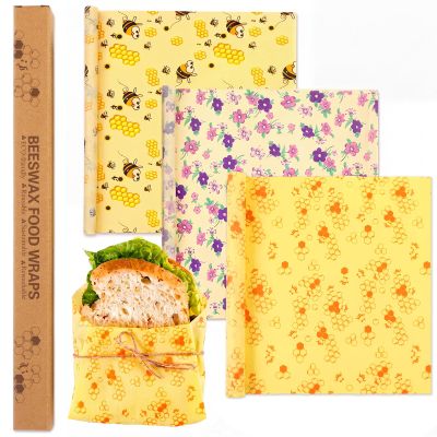 Fanfanwin 3 Rolls Beeswax Wraps for Food Reusable 13 x 39 Inch Cut to Size Beeswax Wraps for Food Organic Sustainable Biodegradable Zero Waste Plastic Free Foods Storage (Bees, New Beehive, Flower)