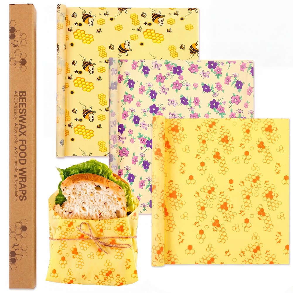 Fanfanwin 3 Rolls Beeswax Wraps for Food Reusable 13 x 39 Inch Cut to Size Beeswax Wraps for Food Organic Sustainable Biodegradable Zero Waste Plastic Free Foods Storage (Bees, New Beehive, Flower)