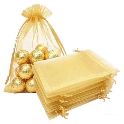 TICBRY 100 Piece Organza Gift Wrap Bags with Drawstring 5x7 inches Gold for Baby Shower,Christmas,Wedding,Party Favors,Birthday,Bridal Shower,Sheer Fabric Mesh Cute Sachet for Candy,Jewelry,Bracelets