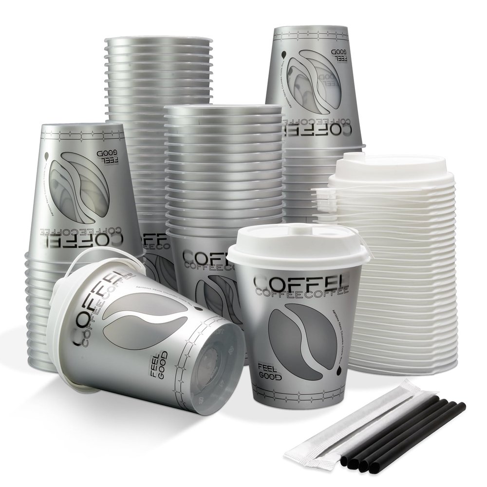 12 oz Clear Disposable Plastic Cups with Lids and Straws, 100 Pack, BPA-Free, for Iced Coffee, Cold Drinks, Boba Tea, Milktea (Silver)