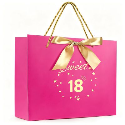 FUNCANDLE Rose Pink 13" Sweet 18th Birthday Gift Bags with Greeting Handles and Ribbon Present Bags,Perfect for Girls 18th Year Old Birthday Party Wrapping Bag Celebrating Anniversaries