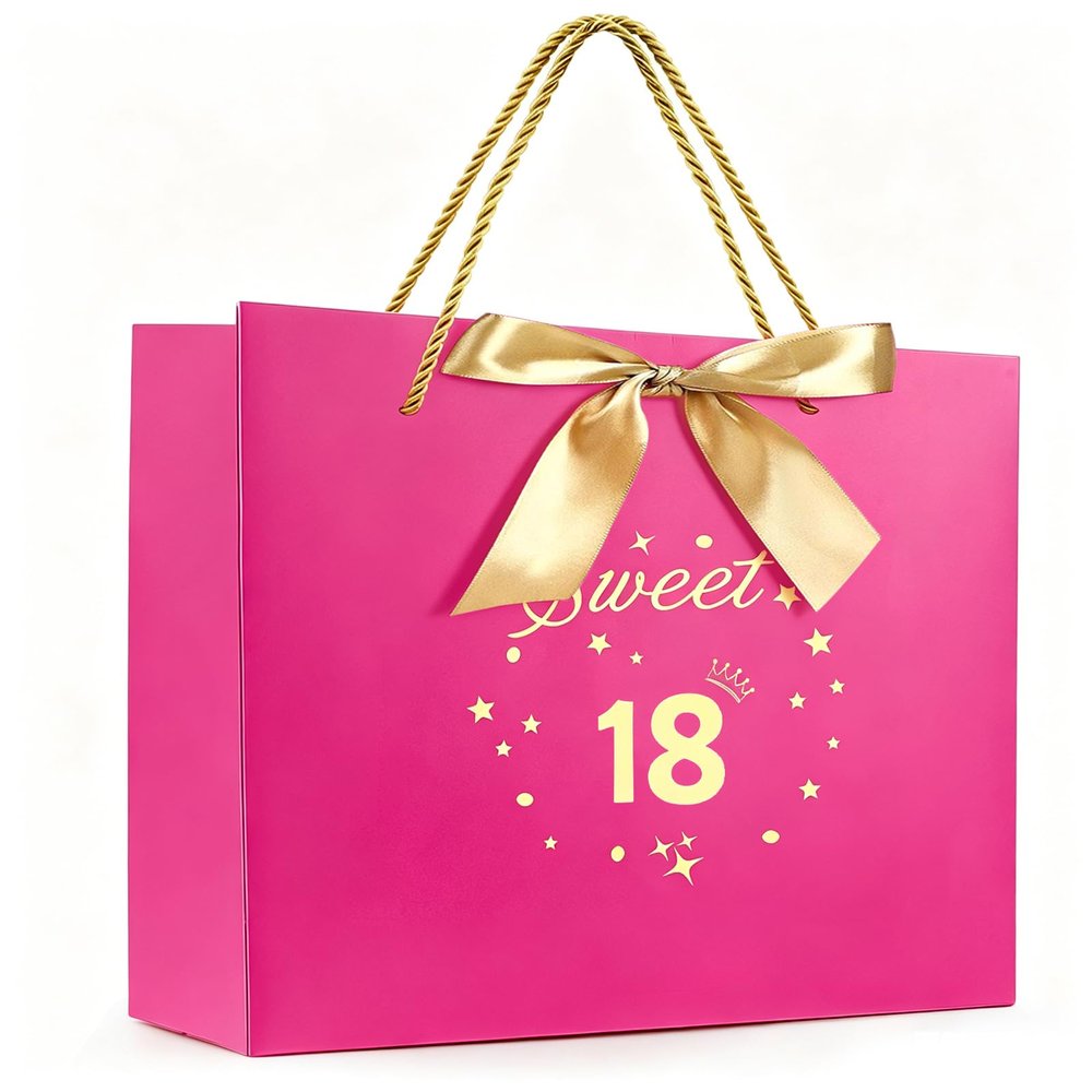 FUNCANDLE Rose Pink 13" Sweet 18th Birthday Gift Bags with Greeting Handles and Ribbon Present Bags,Perfect for Girls 18th Year Old Birthday Party Wrapping Bag Celebrating Anniversaries