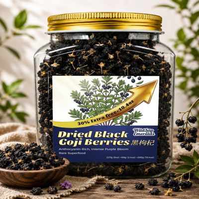 WildSap Emeralds Dried Black Goji Berries from Qinghai - Resealable Plastic Jar, 295g (10.4 Oz) - No Additives, for Tea & Smoothies