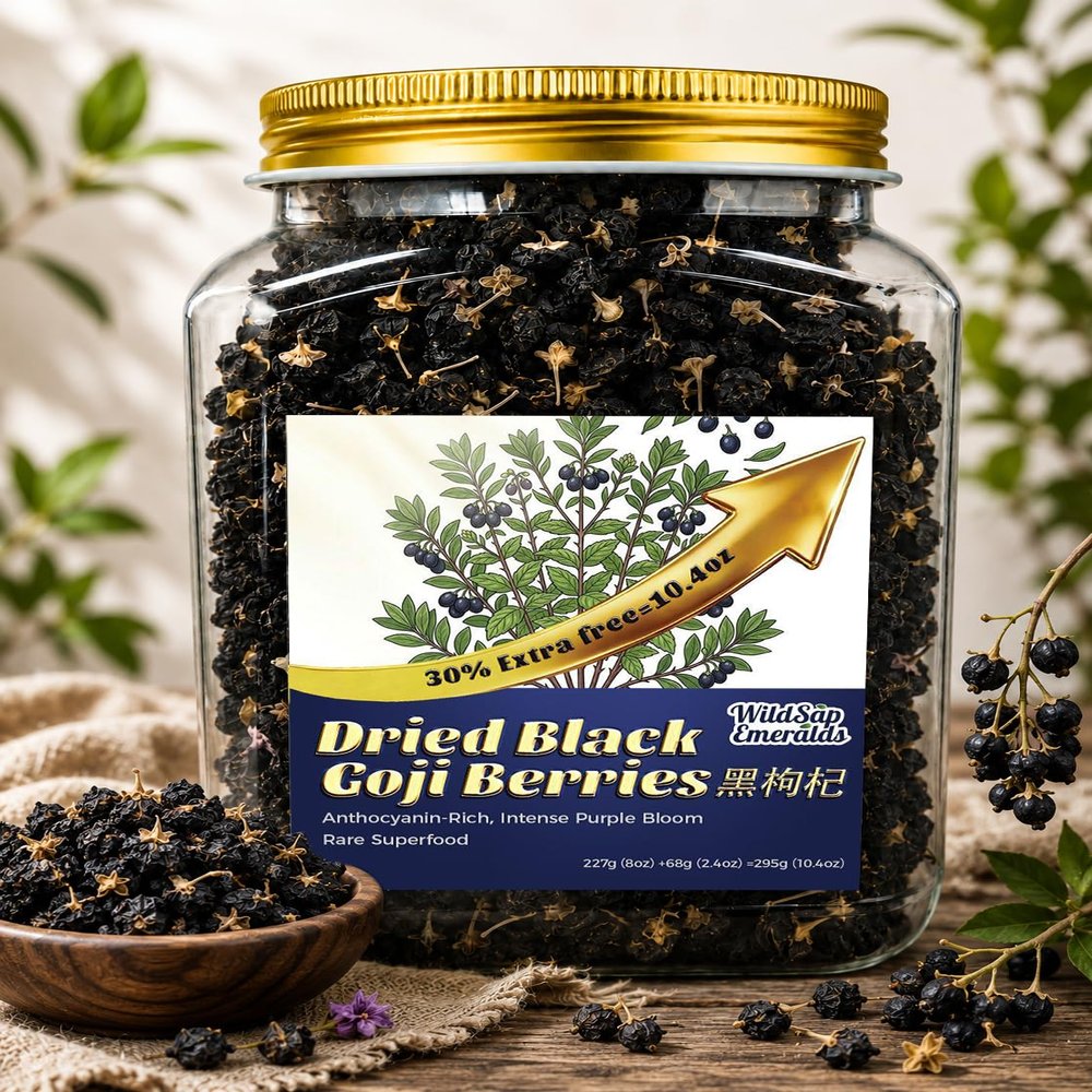 WildSap Emeralds Dried Black Goji Berries from Qinghai - Resealable Plastic Jar, 295g (10.4 Oz) - No Additives, for Tea & Smoothies