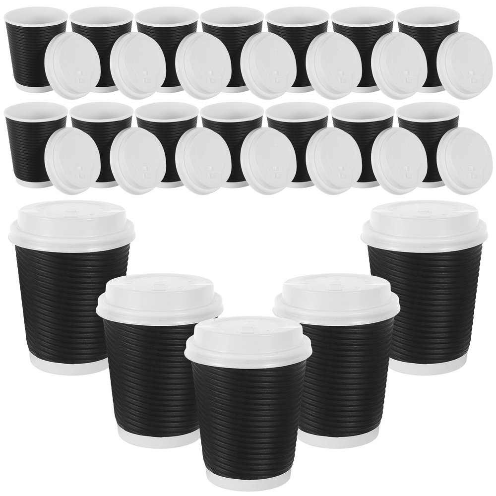 AMUSLESUR 50pcs 250ml Insulated Double Wall Kraft Paper Coffee Cups with Lid, Corrugated Disposable Cups for Hot and Cold Drinks, Office Home Party Use
