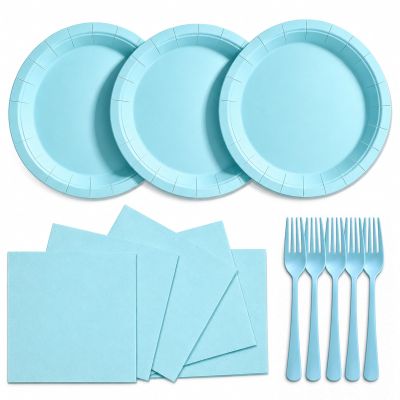 PYAILI 72 Pcs Paper Plates and Napkins Set - Light Blue Disposable Party Dinnerware Includes Paper Plates, Napkins, Forks Decorations for Birthdays and Weddings, Serves 24