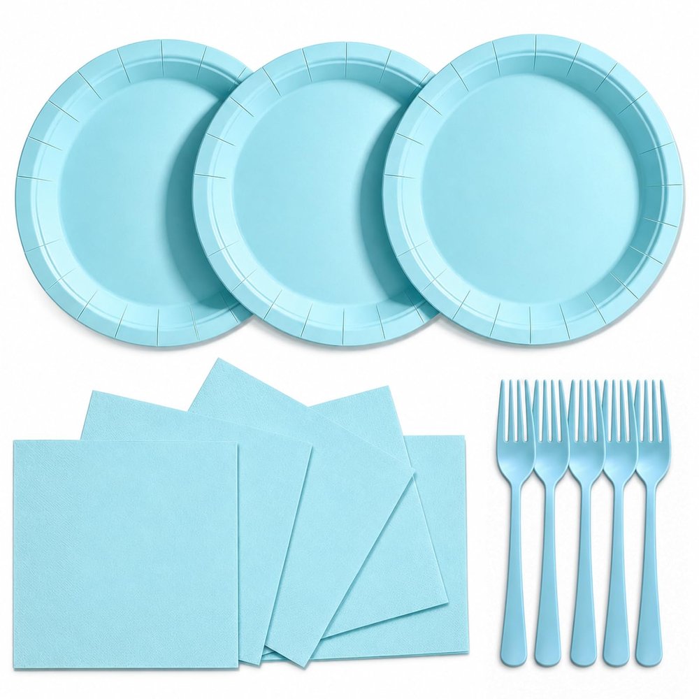 PYAILI 72 Pcs Paper Plates and Napkins Set - Light Blue Disposable Party Dinnerware Includes Paper Plates, Napkins, Forks Decorations for Birthdays and Weddings, Serves 24