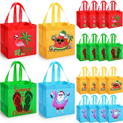 Hillban 32 Pcs 8 x 8 x 6 Inch Christmas in July Fruit Treat Bags Hawaii Tropical Party Favor Gift Bags Summer Beach Flamingo Watermelon Non Woven Totes with Handles for Party Supplies