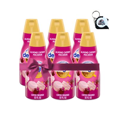Almond Cherry Macaron Coffee Creamer, Non Dairy Liquid Creamer, 32 oz Bottles (1-Case, Pack of 6) with K-Tech USA MeasuringTape