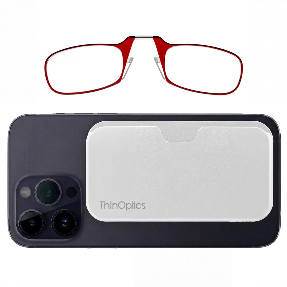 Always With You by ThinOptics Classic Slim Reading Glasses with Case that Sticks to Your Phone - Ultra-Thin Armless Pocket Readers - Lightweight, Durable, Convenient - White/Red, 1.5x
