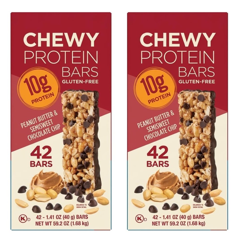Chewy Protein Bars 2-Pack Bundle Peanut Butter & Semi-Sweet Chocolate Chip 84 Total Bars (42 Each) 10g Protein Per Bar Gluten Free Kosher Certified Snack Bars bundled by Bentronic