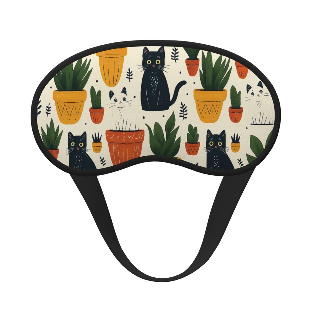 Cute White Black Cats & Potted Plants Sleep Mask Block Out Light Eye Mask for Women Men Full Night Sleeping