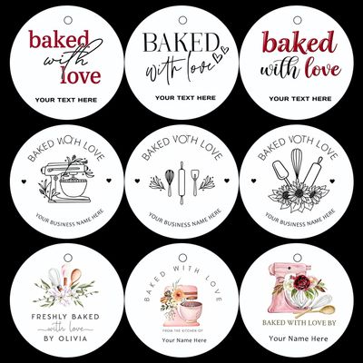 100 Pack Personalized Baked with Love Gift Tags with String, Custom Bakery Labels, Printed Personalized BakingTags for Cookie Bags, Holiday Treats, Wedding Favors (Round)