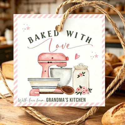 100 Pack Personalized Baked with Love Gift Tags with String, Custom Bakery Labels, Printed Personalized BakingTags for Cookie Bags, Holiday Treats, Wedding Favors (Square)
