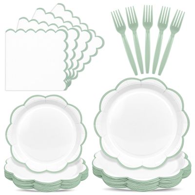 96 Pcs Sage Green and White Paper Plates and Napkins Set, Tableware set for 24 Guest include White Cake Plates with Sage Green Scalloped Edge, Napkins and Forks for Baby Shower, Bridal Shower, Wedding