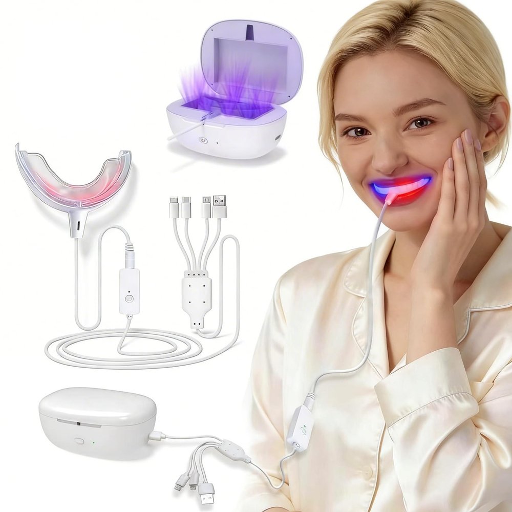 Light for Gums, 32 LED Red & Blue Light Device for gum Care & Teeth Whitening Kit - with 3000mAh charging case, Compatible with iPhone, Android & USB-C