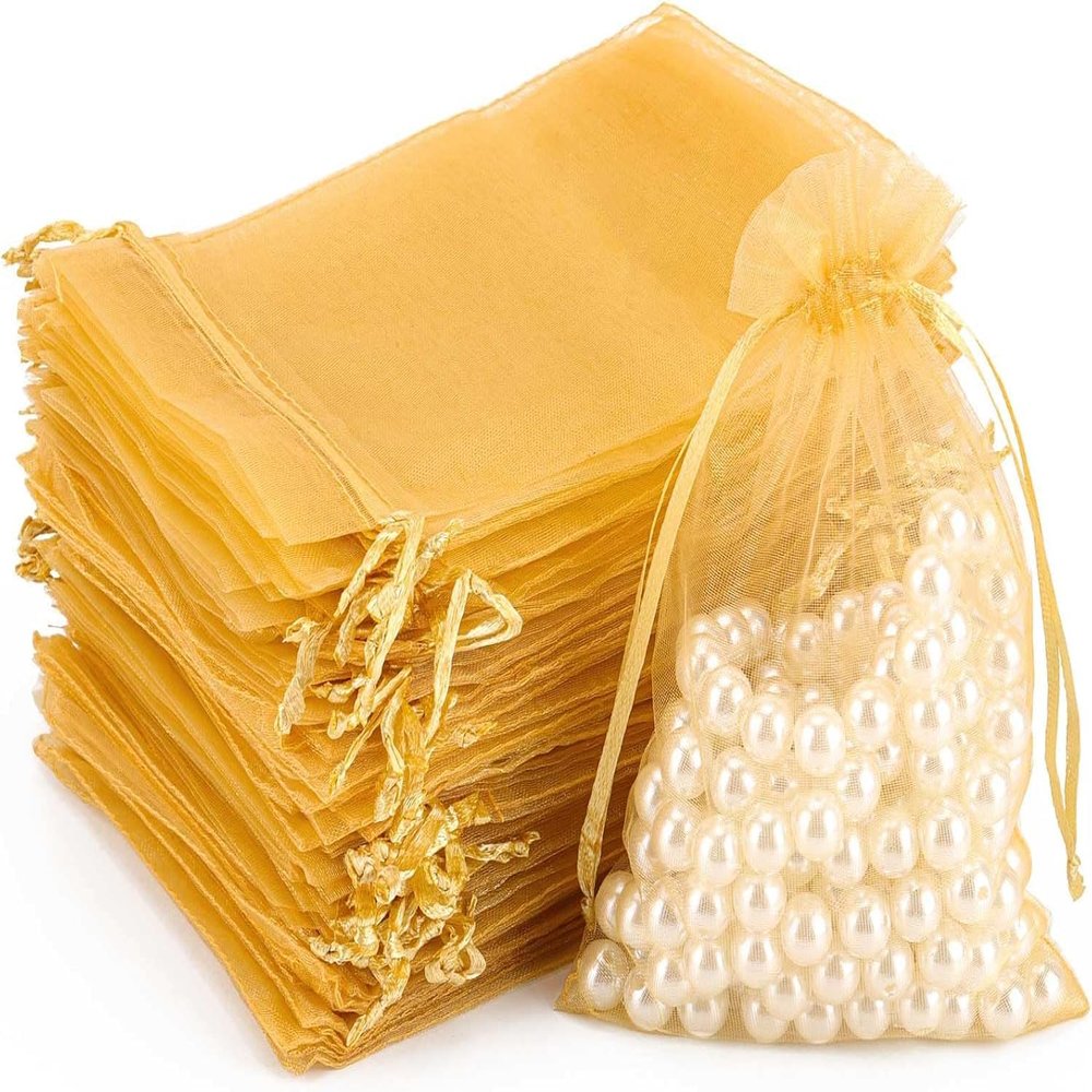 100pcs Organza Bags-gold 6.5x9 inch (17x23cm) Satin Drawstring Organza Pouch Wedding Party Festival, Christmas, Favor Gift Bag Jewelry Watch Bags
