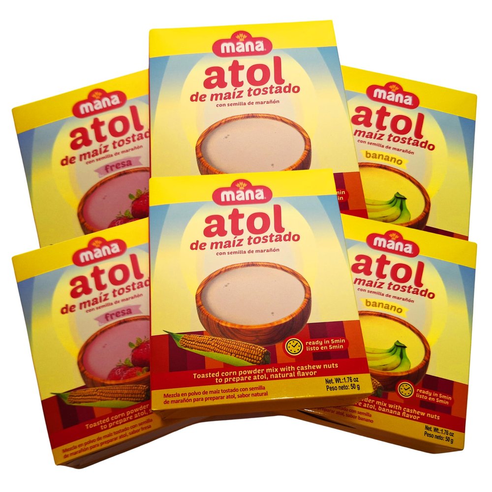 Atol Mana de Maz Tostado Drink Mix Variety Pack (6 Pack) Strawberry, Banana & Natural Flavors Traditional Latin Corn Beverage Powder with Cashew 1.76 oz Each