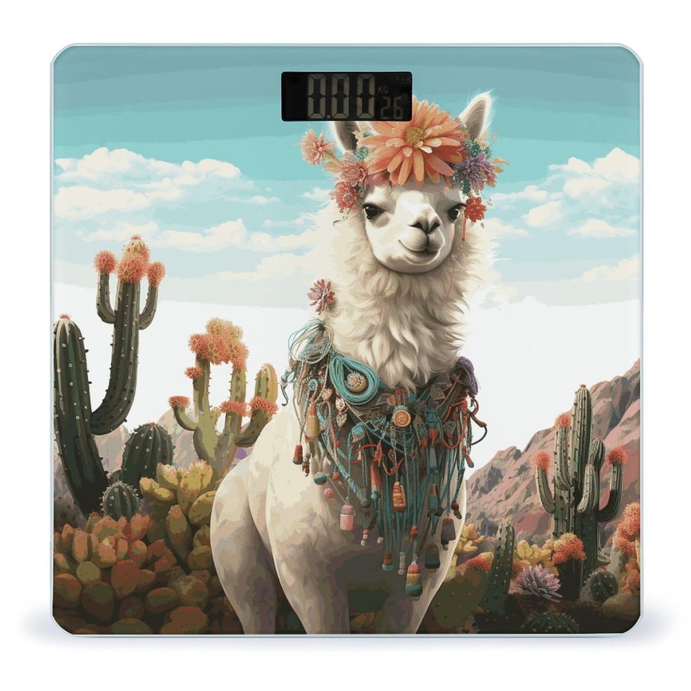 Mexican Llama Cactus Scale for Body Weight Safe Rounded Corners Tempered Glass Digital Bathroom Scale LED Display 400lb Capacity Weight Scales with High Precision Sensors