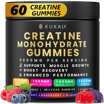 kukaly Creatine Monohydrate Gummies for Men & Women, Creatine Gummies Sugar Free, Mixed Flavored with L-Taurine, BCAA 2:1, B12 B6 for Boost Strength, Focus & Endurance, Vegan, Non-GMO, 60pcs