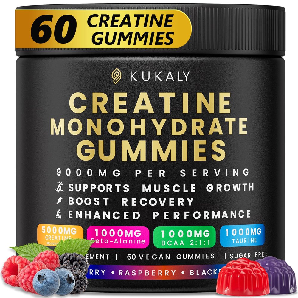 kukaly Creatine Monohydrate Gummies for Men & Women, Creatine Gummies Sugar Free, Mixed Flavored with L-Taurine, BCAA 2:1, B12 B6 for Boost Strength, Focus & Endurance, Vegan, Non-GMO, 60pcs