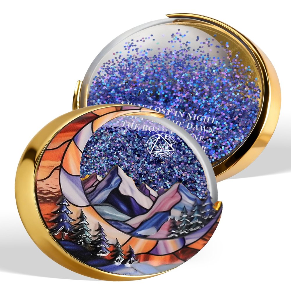 28 Year Sobriety Coin, Liquid Glitter Shaker AA Chip | Blue Quicksand Moon Mountain Design Recovery Milestone Medallion Sobriety Gift for Men & Women