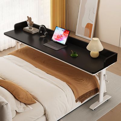 XHDZSM Overbed Table with Wheels, Height Adjustable (26.7-40. 5") Rolling Laptop Desk, Solid Wood Crank Lift Bedside Table for Home, Hospital, Bedroom, Sofa & Living Room Black + White 70.9x15.7