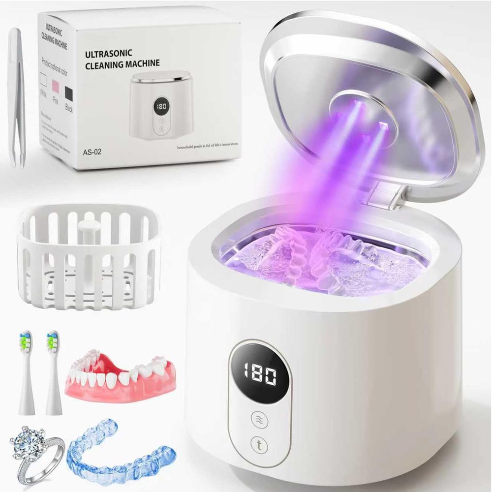 Ultrasonic Retainer Cleaner, 48kHz Dental Cleaning Pod with Digital Timer & 200ML Capacity for Dentures, Aligners, Night Guards,Mouth Guards, Braces, Toothbrush Heads &Jewelry (White)