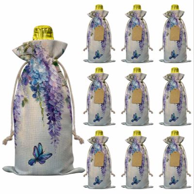 10pcs Linen Burlap Wine Bags with Drawstring Purple Lavender Wine Gift Bag with Tags Reusable Wines Bottle Cover Gift Bags for Birthday Wines Tasting Party Supplies Butterfly Flower Abstract Artwork