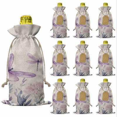 10pcs Linen Burlap Wine Bags with Drawstring Purple Florals Wine Gift Bag with Tags Reusable Wines Bottle Cover Gift Bags for Birthday Wines Tasting Party Spring Butterflies Dragonfly Retro Beige