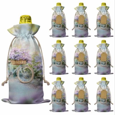 10pcs Linen Burlap Wine Bags with Drawstring Spring Purple Lavender Wine Gift Bag with Tags Reusable Wines Bottle Cover Gift Bags for Birthday Wines Tasting Party Flowers Bike Pastoral Country