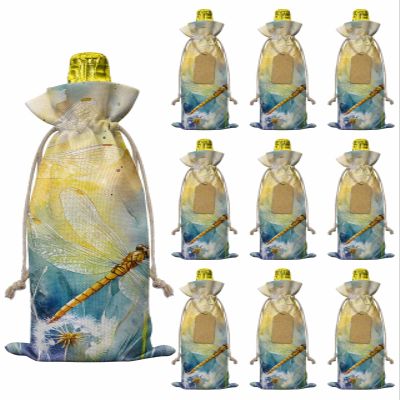 10pcs Linen Burlap Wine Bags with Drawstring Yellow Purple Dragonfly Wine Gift Bag with Tags Reusable Wines Bottle Cover Gift Bags for Birthday Wines Tasting Party Supplies Spring Floral Watercolor