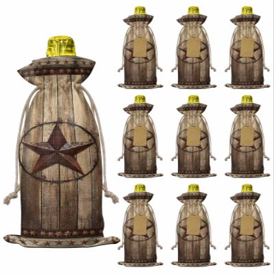 10pcs Linen Burlap Wine Bags with Drawstring Western Farmhouse Wine Gift Bag with Tags Reusable Wines Bottle Cover Gift Bags for Birthday Wines Tasting Party Primitive Rustic Country Retro Texas Star