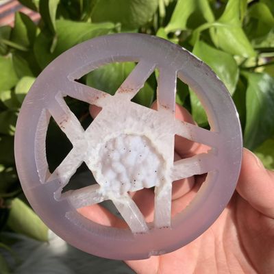 129g Natural Agate Geode Pentacle Magic Circle Slice Hand-Carved Five-Pointed Star Crystal with Druzy Center for Home Decor, Meditation, Spiritual Protection & Crystal Collection
