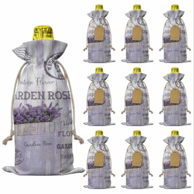 10pcs Linen Burlap Wine Bags with Drawstring Purple Vintage Lavenders Wine Gift Bag with Tags Reusable Wines Bottle Cover Gift Bags for Birthday Wines Tasting Party Supplies Farmhouse Wooden Retro Art