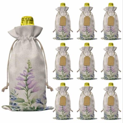 10pcs Linen Burlap Wine Bags with Drawstring Purple Lavender Wine Gift Bag with Tags Reusable Wines Bottle Cover Gift Bags for Birthday Wines Tasting Party Botanical Blossom Motif Leaves Spring