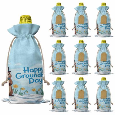 10pcs Linen Burlap Wine Bags with Drawstring Happy Groundhog Day Wine Gift Bag with Tags Reusable Wines Bottle Cover Gift Bags for Birthday Wines Tasting Party Cartoon Cute Ground Hog Flowers Sky Blue