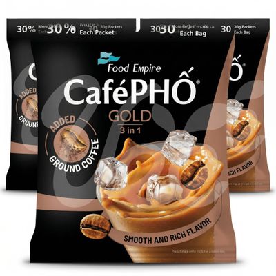 Cafe Pho Gold 3 in 1 Instant Milk Coffee Vietnamese Coffee Mix with Creamer & Sugar, Rich & Creamy Flavor, Instant Coffee Sachets (3 pack)