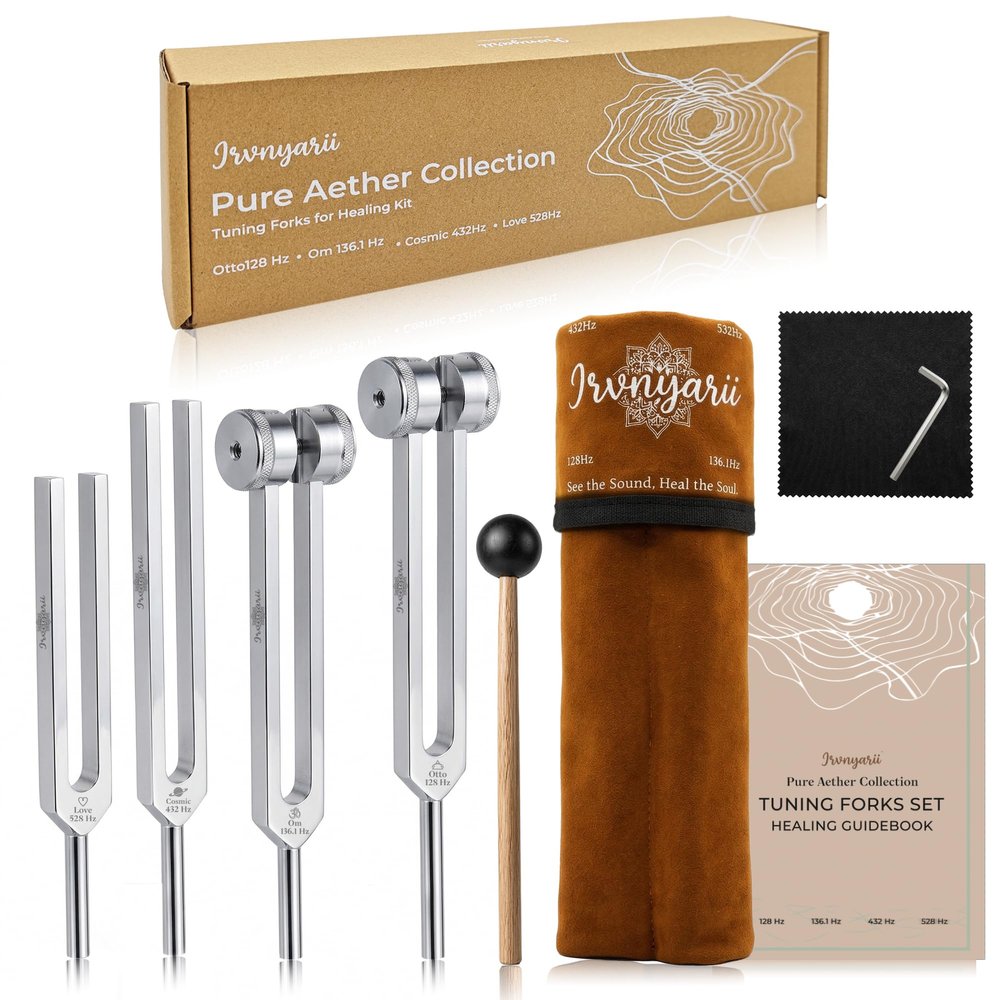 Pure Aether Tuning Forks Set for Sound Therapy and Meditation - Premium 4-Piece Weighted (128Hz, 136.1Hz) & Unweighted (432Hz, 528Hz) Kit with Ritual Guidebook - Vibrational Instruments for Yoga