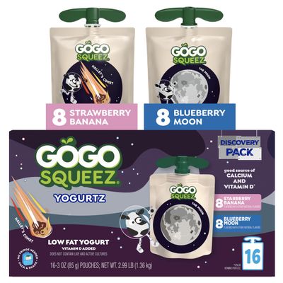 GoGo SqueeZ Low Fat YogurtZ Space Discovery Variety Pack, Strawberry Banana and Blueberry Moon 3 oz Pouches (Pack of 16), Kids Snacks Made from Real Yogurt and Fruit, Gluten Free, Nut Free, Recloseable Cap, BPA Free