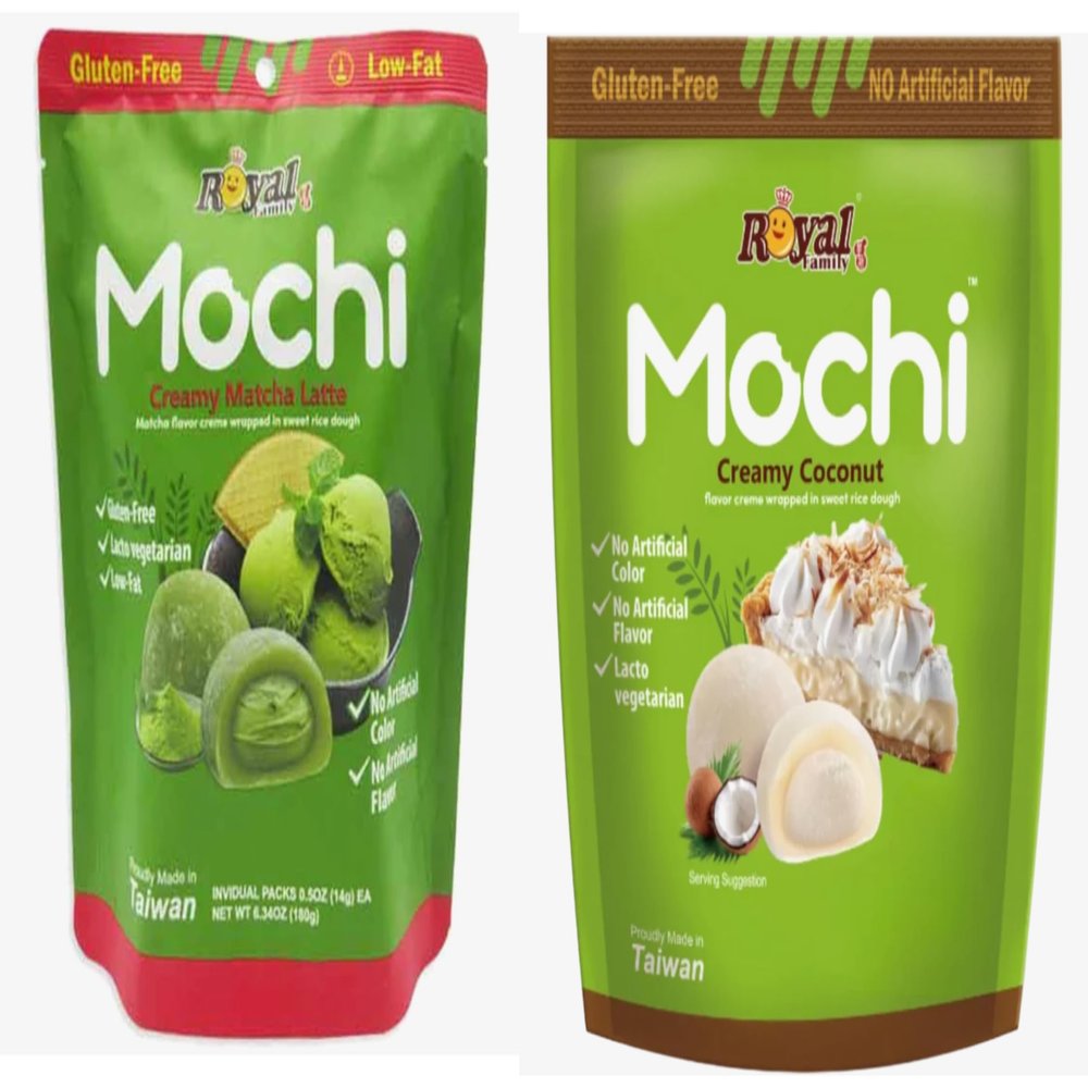 Mochi Creamy Matcha Latte & Coconut Soft Japanese Style Rice Cake Snack with Creamy Filling Gluten-Free, Low-Fat Asian Dessert Treat (12 Pieces per Bag) total 2 Pack