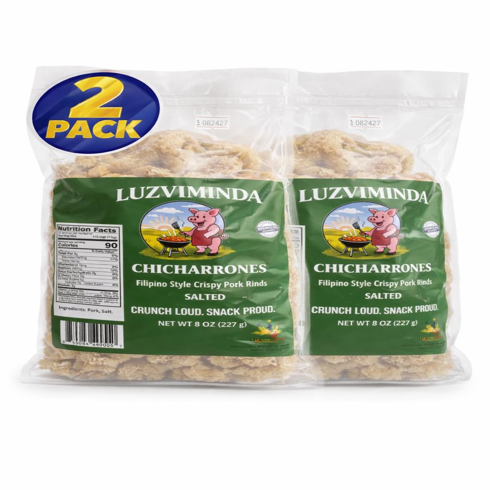 LUZVIMINDA Chicharrones Filipino Style Crispy Pork Rinds, Salted, 8 oz, Pack of 2