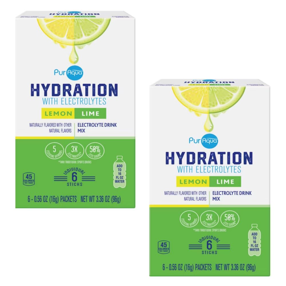 Fruit Flavored Hydration with Electrolyte Drink Mix, 6 count per Box (2 BOXES, Lemon-Lime)