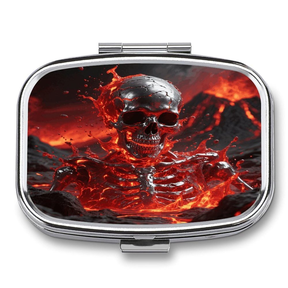 Lava Metal Skull Pill Case Square Travel Pill Organizer Portable Small Pill Box 2 Compartments Metal Medicine Box Sealed Pill Container Vitamins Medicine Organizer