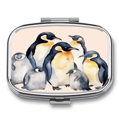 Animal Penguins Watercolor Pattern Pill Case 2 Compartment Metal Small Pill Box Travel Pill Organizer Portable Medicine Container Mini Daily Medication Holder for Vitamin Container Fish Oil