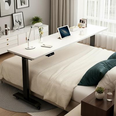 XHDZSM Electric Overbed Table with Drawers & Baffle, Adjustable Height 29.5-40.5". Rolling Laptop Desk - Solid Wood Mobile Computer Table with Swivel Wheels for Bedroom, Living Room White + Black 59"