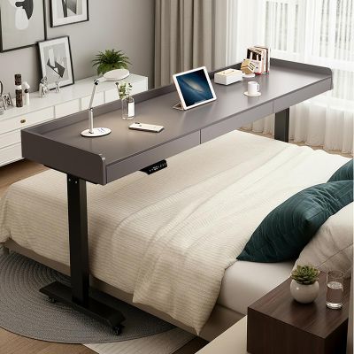 XHDZSM Electric Overbed Table with Drawers & Baffle, Adjustable Height 29.5-40.5". Rolling Laptop Desk - Solid Wood Mobile Computer Table with Swivel Wheels for Bedroom, Li Gray + Black 59" (Drawers)