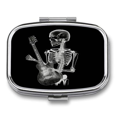 Abstract X-ray Skull Skeleton Playing Guitar Pill Case 2 Compartment Metal Small Pill Box Travel Pill Organizer Portable Medicine Container Mini Daily Medication Holder for Vitamin Container Fish Oil