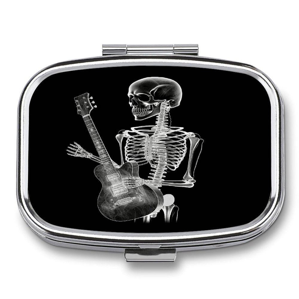 Abstract X-ray Skull Skeleton Playing Guitar Pill Case 2 Compartment Metal Small Pill Box Travel Pill Organizer Portable Medicine Container Mini Daily Medication Holder for Vitamin Container Fish Oil